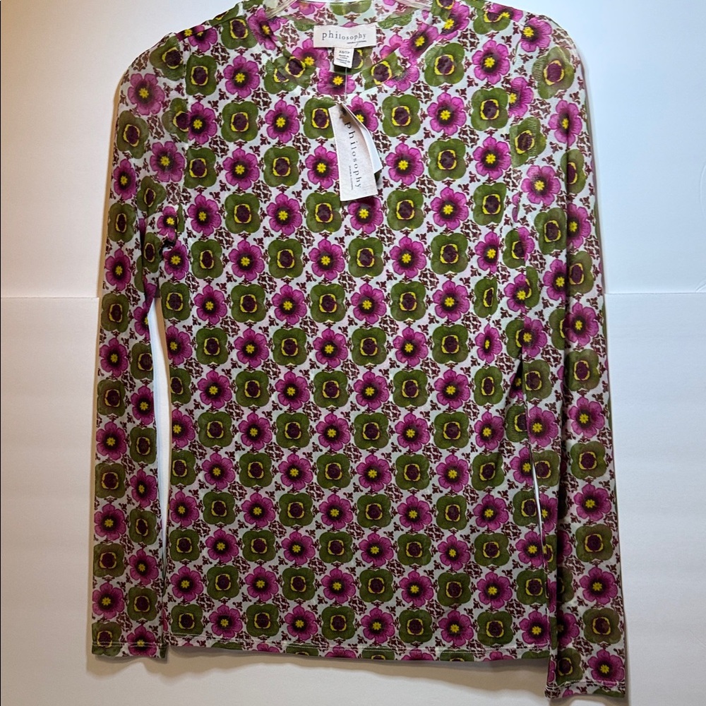 Philosophy Pink & Green Floral Long-Sleeve Tee Bodycon XS NWT